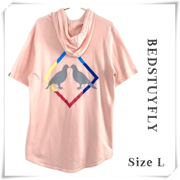 BEDSTUYFLY Birds Logo Short Sleeve Sweatshirt Hoodie in Pink Style GM29Y014 - Picture 1 of 6